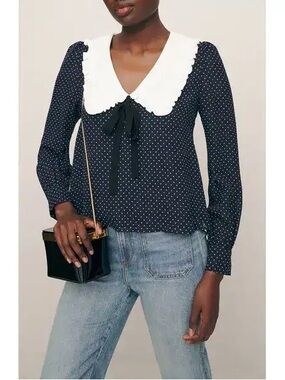 Reformation Edalene Navy Polka Dot Blouse with White Peter Pan Collar